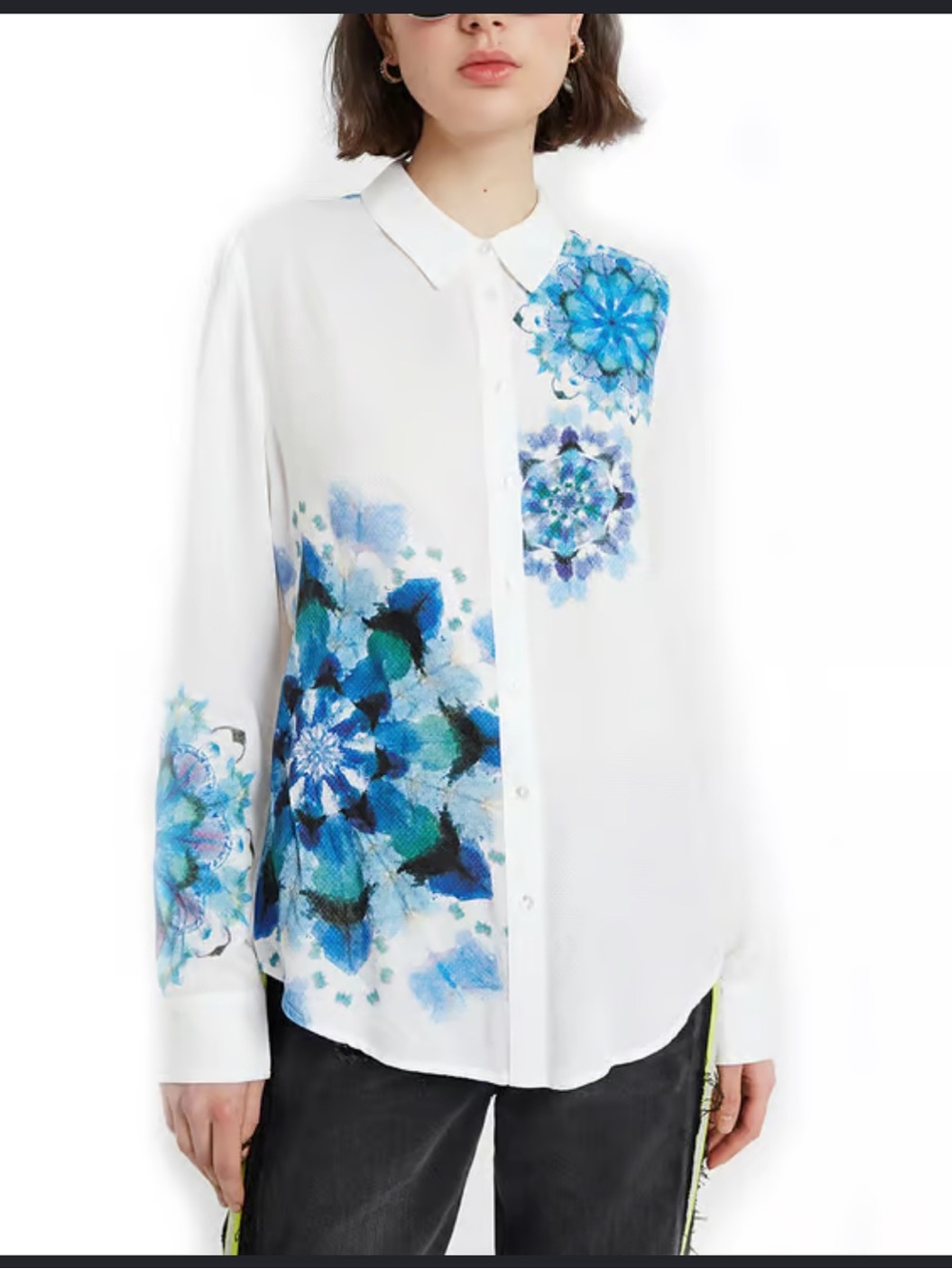 Desigual White Button-Down Shirt with Blue Floral Motif